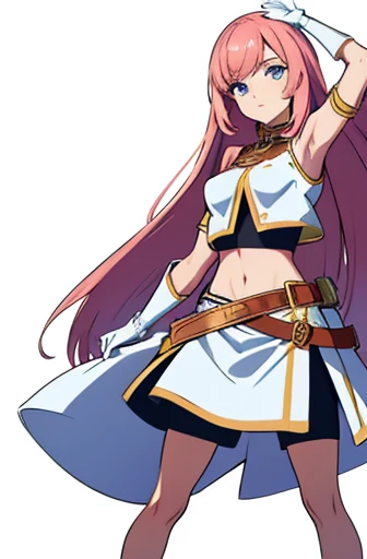 solo female, crop top, ((( white background))), character focus, fantasy clothes, standing, grove cuff, gloves, character design, full bosy,