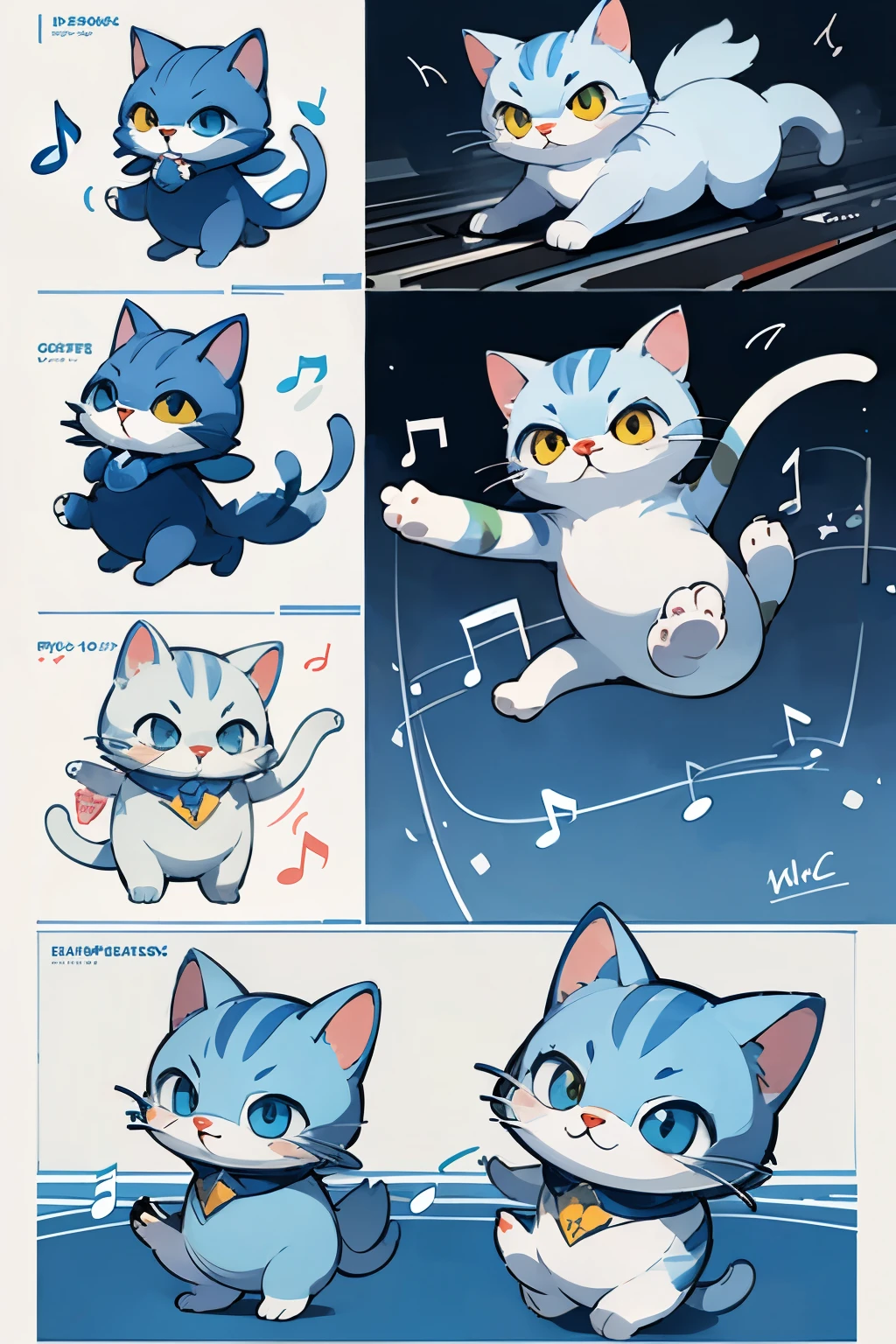 Design a cat and music themed mascot，Blue and white color，comic style，With complete three-view