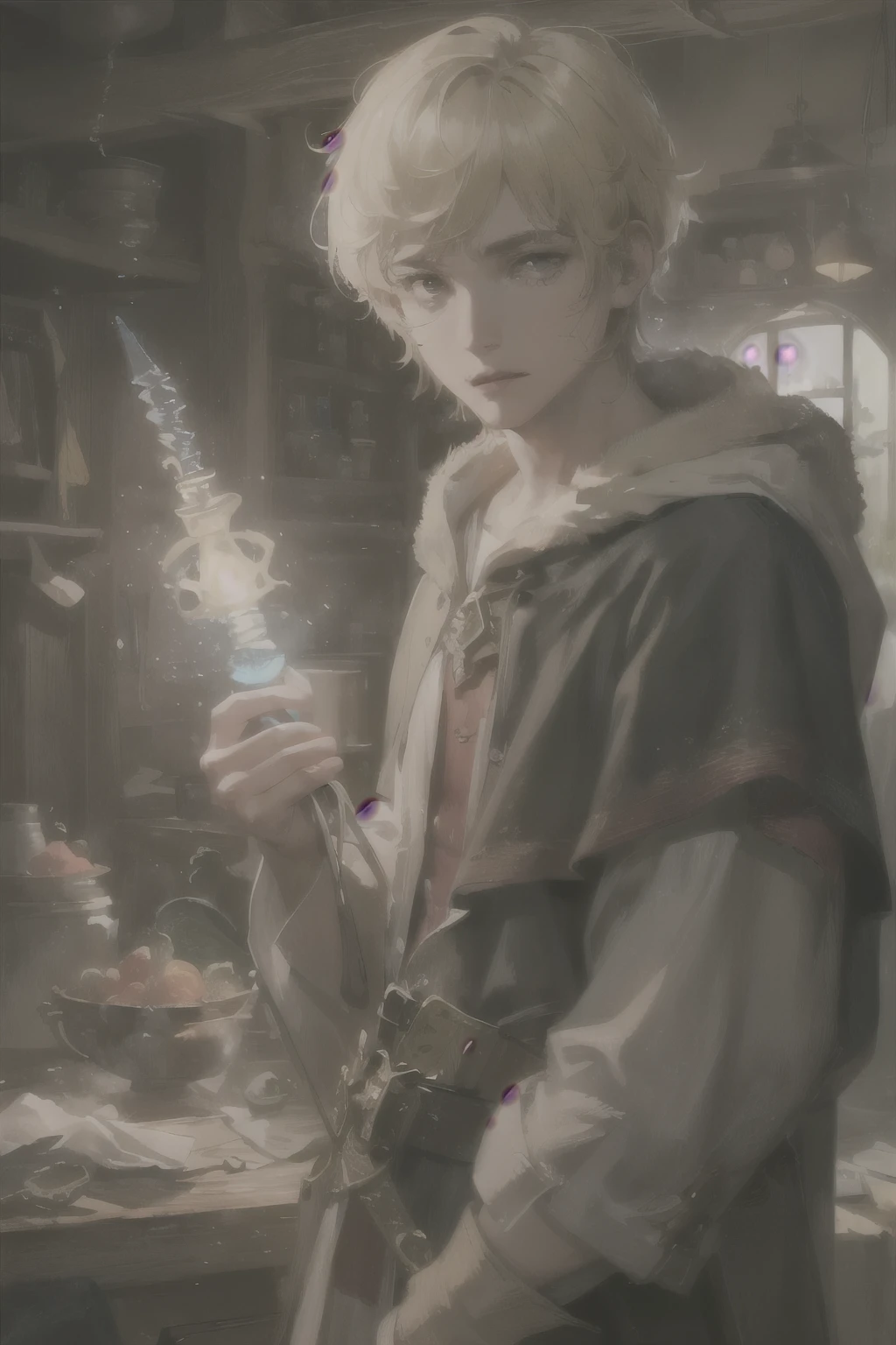 (Highest resolution, clearly_image), best quality, masterpiece, Very detailed, Semi-realistic, Blonde short hair man, young, 20 years old, mage, magic, wooden magic wand, brown mage clothes, tattered, robe, middle Ages, slum