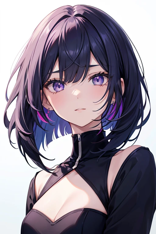 Anime-style portrait of a girl with a deep violet bob cut making eye contact with the camera, bright eyes, subtle smile, minimalistic background to emphasize character, high contrast, clean lines, digital painting, vivid colors, The girl wears her hair in a bob cut, cut at the jawline. Her hair is dark purple and her fringes are parted just in the middle of her forehead, barely peeking over her eyebrows. Other short hair frames the face on either side of the fringe, reaching just above the eyes, and the hair on the sides is clipped above the ears. The hair on top has slight volume and forms an overall rounded silhouette. The texture of the hair is smooth, shiny and lively. The ends of the hair are lightly styled inwards. 