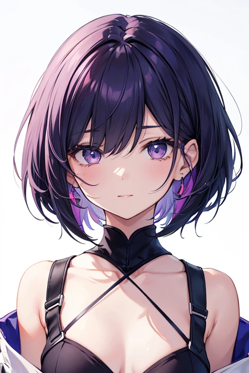 Anime-style portrait of a girl with a deep violet bob cut making eye contact with the camera, bright eyes, subtle smile, minimalistic background to emphasize character, high contrast, clean lines, digital painting, vivid colors, The girl wears her hair in a bob cut, cut at the jawline. Her hair is dark purple and her fringes are parted just in the middle of her forehead, barely peeking over her eyebrows. Other short hair frames the face on either side of the fringe, reaching just above the eyes, and the hair on the sides is clipped above the ears. The hair on top has slight volume and forms an overall rounded silhouette. The texture of the hair is smooth, shiny and lively. The ends of the hair are lightly styled inwards.