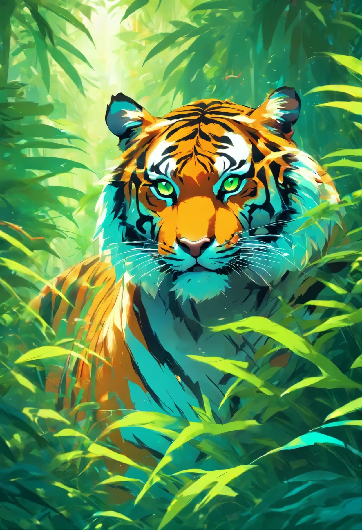 a tiger in the jungle with blue eyes and green grass, vector art by Kilian Eng, trending on cgsociety, sumatraism, ((tiger)), jen bartel, martin ansin, amazing wallpaper, tiger, tiger_beast, highly detailed vector art, profile picture 1024px, a tiger, amoled wallpaper, phone wallpaper hd
