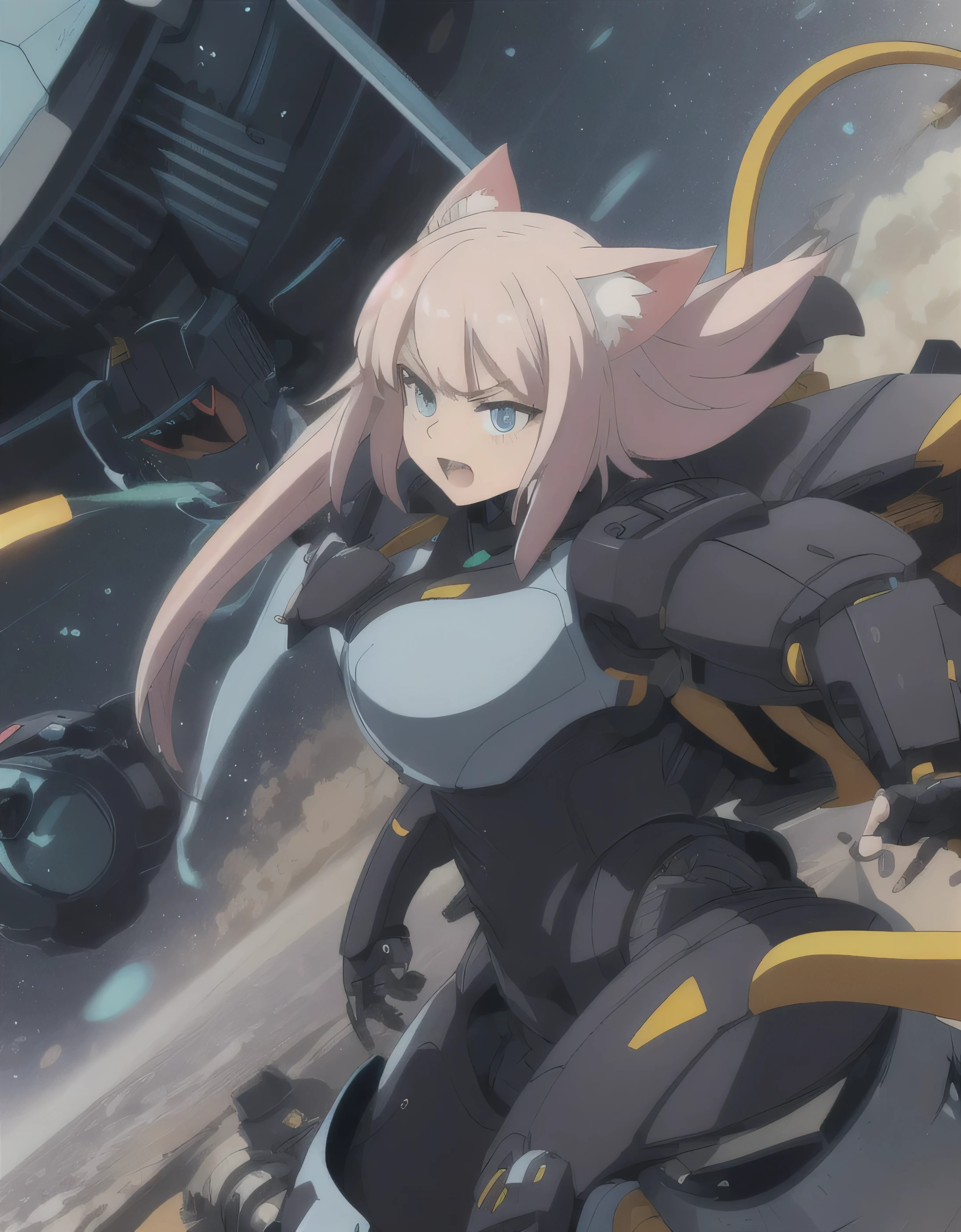 Robot Beautiful Girl,anime illustration, cute,,In the midst of a fierce battle,look of determination,flight,Jet engine,double teeth,Cat ear