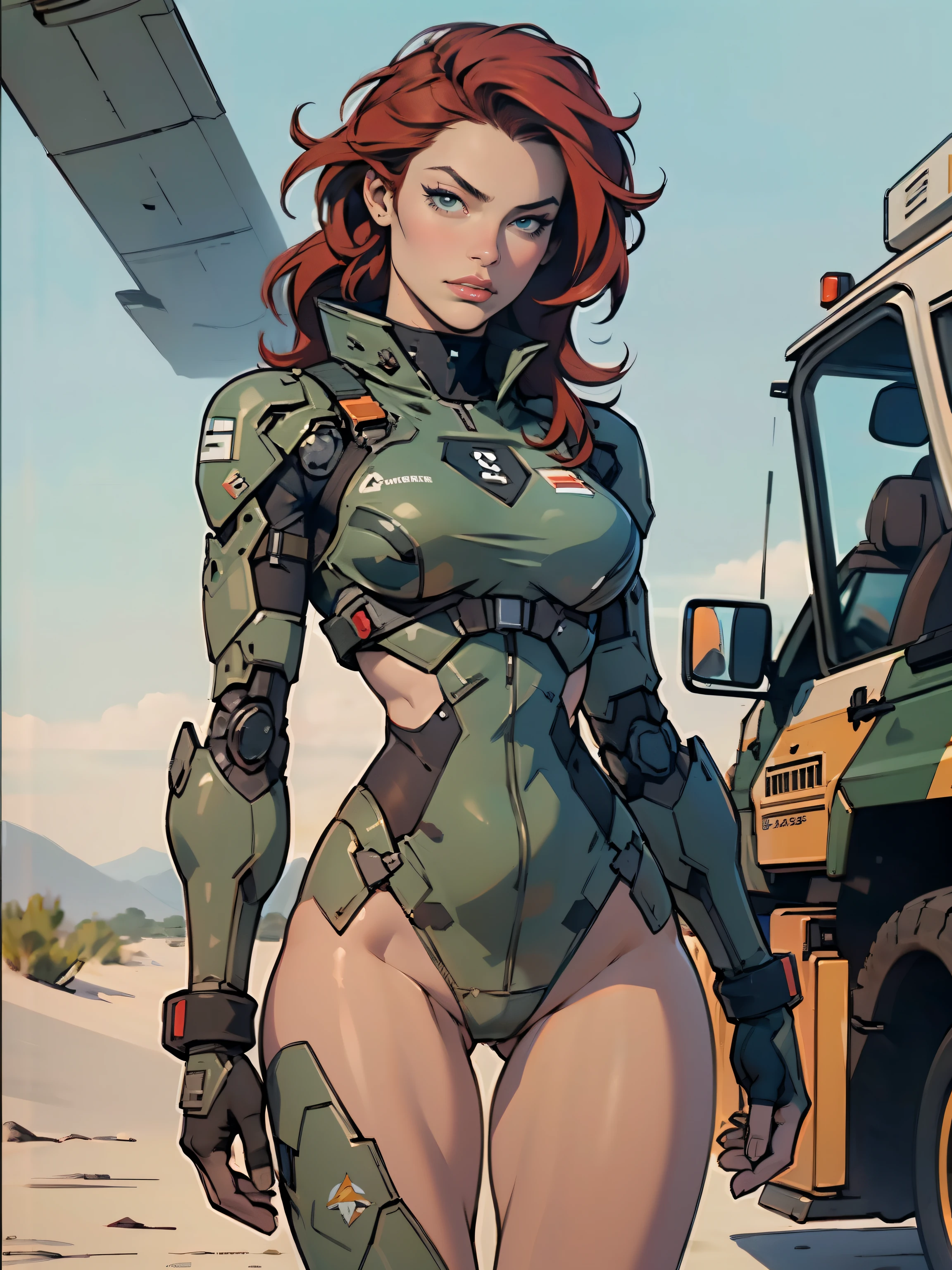 1woman 20 years old, military, beautiful, perfect body, realistic, red hair, perfect body, thin waist, , large breasts, slim thighs, desert background, armored vehicle, flying fighters, military robot dog, camouflaged uniform, wealth of details, tight panties, marking on the front, slender knees, highly detailed, high resolution, prefect hands, slender thighs, show knees, thigh gap, alert eyes