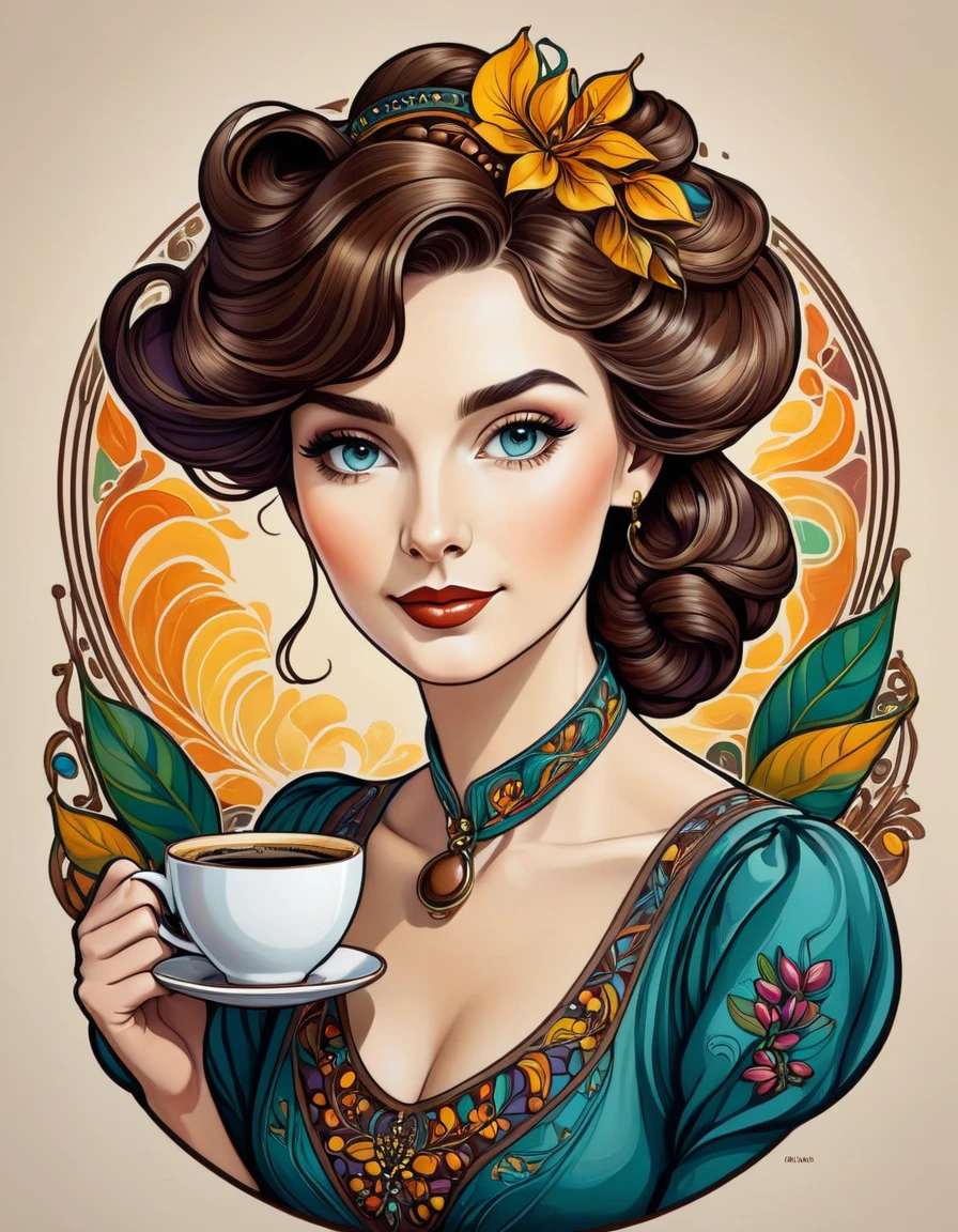 Create an image of Art Nouveau portrait of an elegant beautiful female Barista [Elizabeth II:Maude Adams:0.45] with coffee beans, more colorful, fine lines and subtle stroke