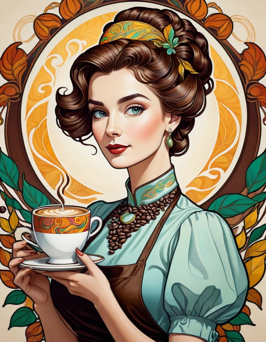 Create an image of Art Nouveau portrait of an elegant beautiful female Barista [Elizabeth II:Maude Adams:0.45] with coffee beans, more colorful, fine lines and subtle stroke
