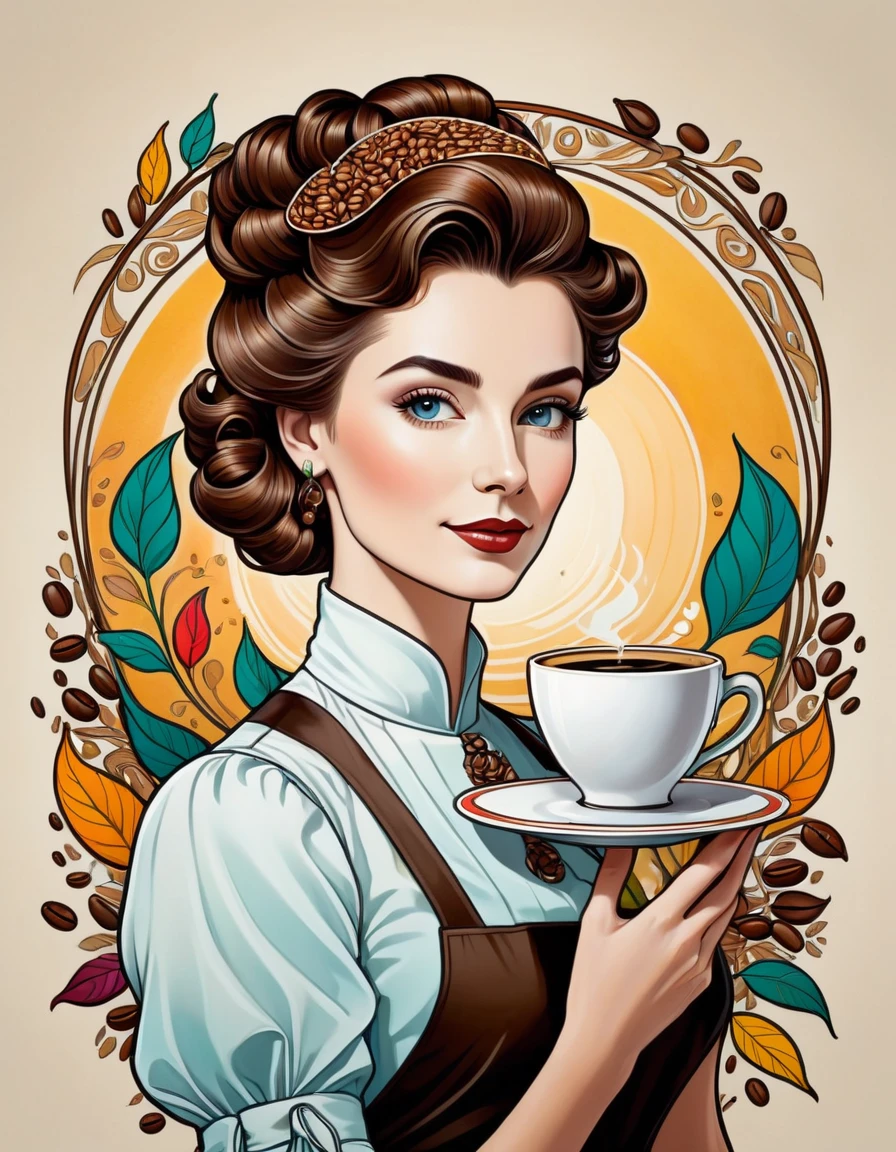 Create an image of Art Nouveau portrait of an elegant beautiful female Barista [Elizabeth II:Maude Adams:0.45] with coffee beans, more colorful, fine lines and subtle stroke