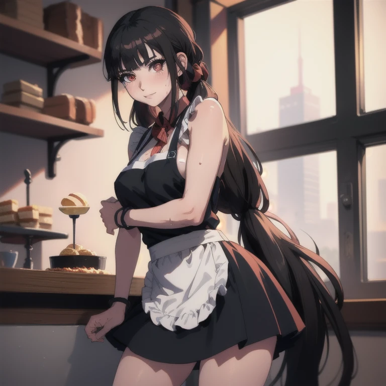 ((masterpiece, best quality, highres, UHD, perfect pixel, depth of field, 8k, RTX, HDR)), BREAK, 1girl, single, solo, beautiful anime girl, beautiful artstyle, anime character, ((long hair, black hair)), (brown:1.4, rounded eyes, beautiful eyelashes, realistic eyes),big breast, without clothes wearing only a white apron, covered in sweat, blushing, with a smile, BREAK, holding a bitten bread in the hand, sexy pose in a pastry shop with shelves with a lot of bread.