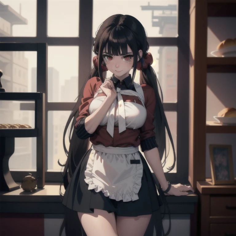 ((masterpiece, best quality, highres, UHD, perfect pixel, depth of field, 8k, RTX, HDR)), BREAK, 1girl, single, solo, beautiful anime girl, beautiful artstyle, anime character, ((long hair, black hair)), (brown:1.4, rounded eyes, beautiful eyelashes, realistic eyes),big breast, without clothes wearing only a white apron, covered in sweat, blushing, with a smile, BREAK, holding a bitten bread in the hand, sexy pose in a pastry shop with shelves with a lot of bread.