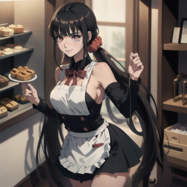 ((masterpiece, best quality, highres, UHD, perfect pixel, depth of field, 8k, RTX, HDR)), BREAK, 1girl, single, solo, beautiful anime girl, beautiful artstyle, anime character, ((long hair, black hair)), (brown:1.4, rounded eyes, beautiful eyelashes, realistic eyes),big breast, without clothes wearing only a white apron, covered in sweat, blushing, with a smile, BREAK, holding a bitten bread in the hand, sexy pose in a pastry shop with shelves with a lot of bread.