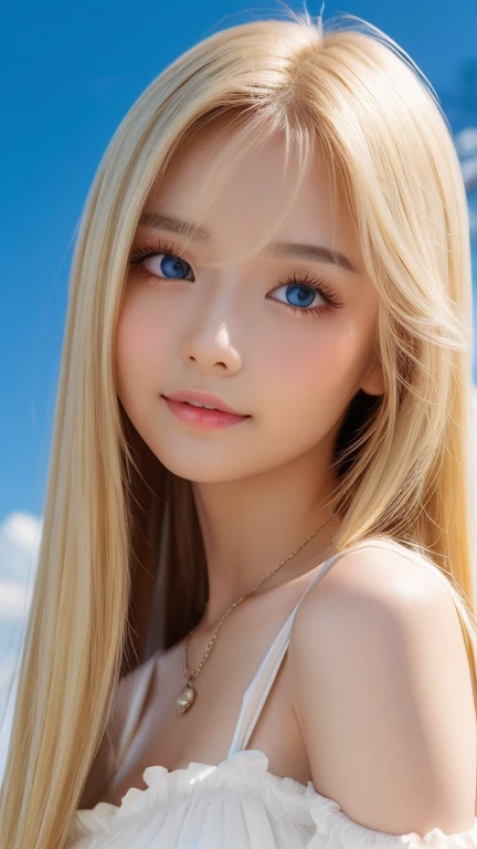 real photo quality、extraordinary sexy beauty、Beautiful calm and bright expression、Sexy refreshing look、Long bangs that fall on a perfect beautiful cute face、Super long blonde straight silky hair、blonde on a beautiful face、Very cute beautiful sexy young little woman、very perfect beautiful cute face、Beautiful bright sky blue eyes、very big eyes、hair above eyes、片hair above eyes、hair between eyes、Very radiant white skin、cheek gloss