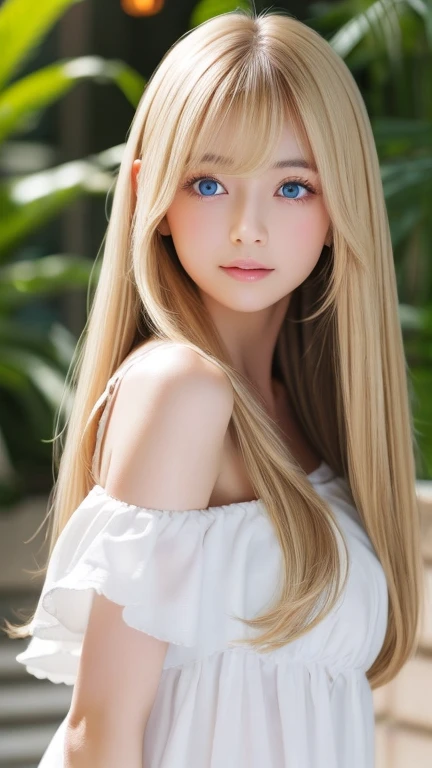 real photo quality、extraordinary sexy beauty、Beautiful calm and bright expression、Sexy refreshing look、Long bangs that fall on a perfect beautiful cute face、Super long blonde straight silky hair、blonde on a beautiful face、Very cute beautiful sexy young little woman、very perfect beautiful cute face、Beautiful bright sky blue eyes、very big eyes、hair above eyes、片hair above eyes、hair between eyes、Very radiant white skin、cheek gloss