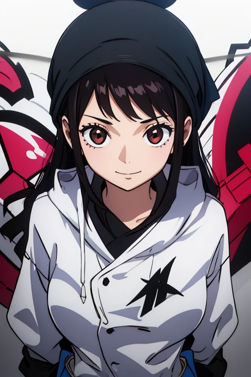 (best quality,4k,8k,highres,masterpiece:1.2), ultra-detailed, Animated, girl, mature face, long black hair, brown eyes, black hair, graffiti, girl graffer, durag, cool girl, flat, smile, covid mask