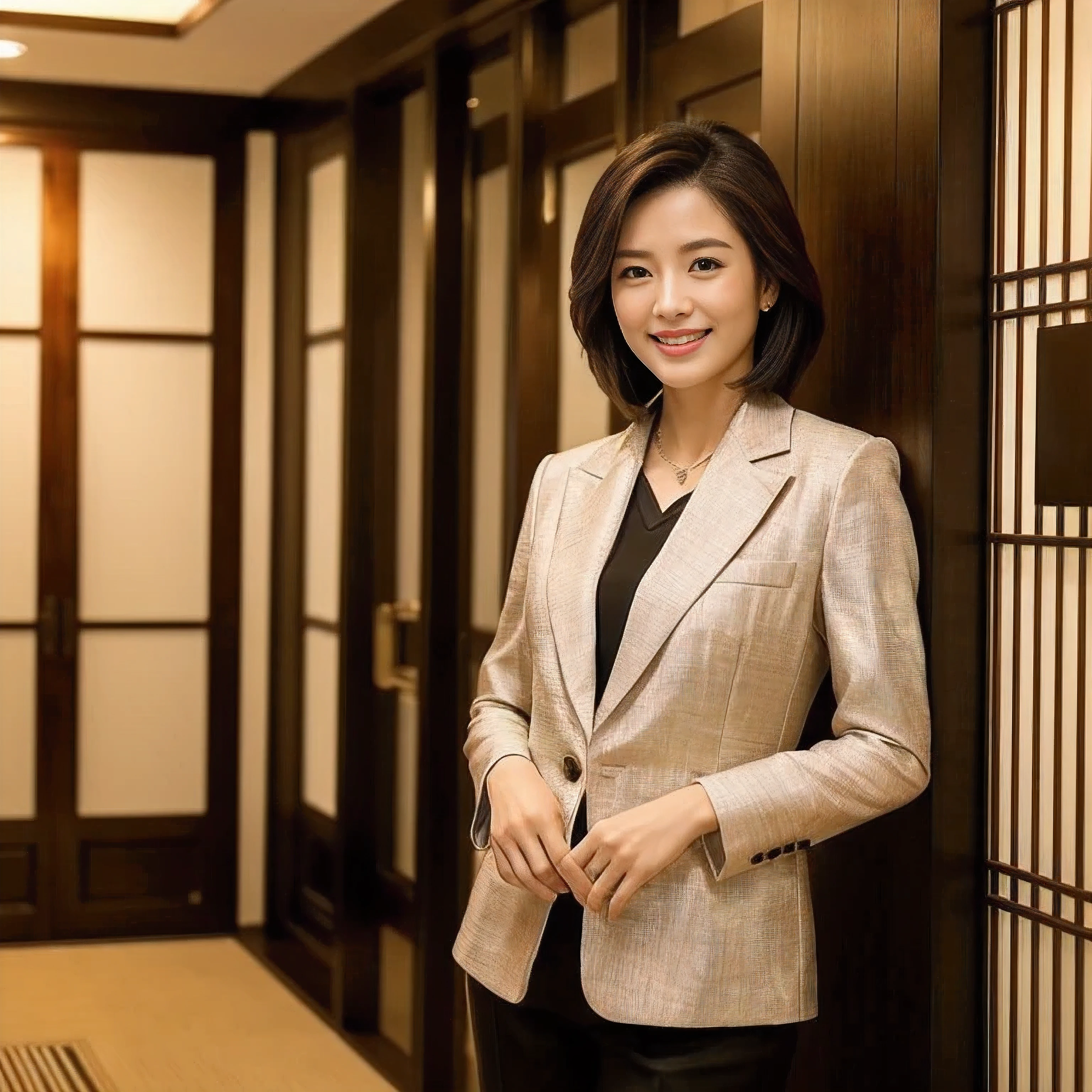 ((highest quality、table top、8K、best image quality))、1 female lawyer、she is standing at the entrance、elegant posture、short hair、straight hair、formal jacket、formal blouse、formal pants、Perfect lawyer badge on the chest、Accurately depicts a real lawyer badge、In the background, a person stands at the entrance of a high-class law firm..、Take a photo from the waist up、upper body photo、perfect law firm entrance、The entrance hall is decorated with wood grain tones.、Incorporate real stones and mirrors as accents、Japanese style and luxurious、chic and modern space、Set up a grid、Dig a part of the floor and lay gravel、Luxurious Japanese atmosphere、lighting embedded in the ceiling、warm and elegant lighting、perfect anatomy、Look at me with a big smile、large white teeth