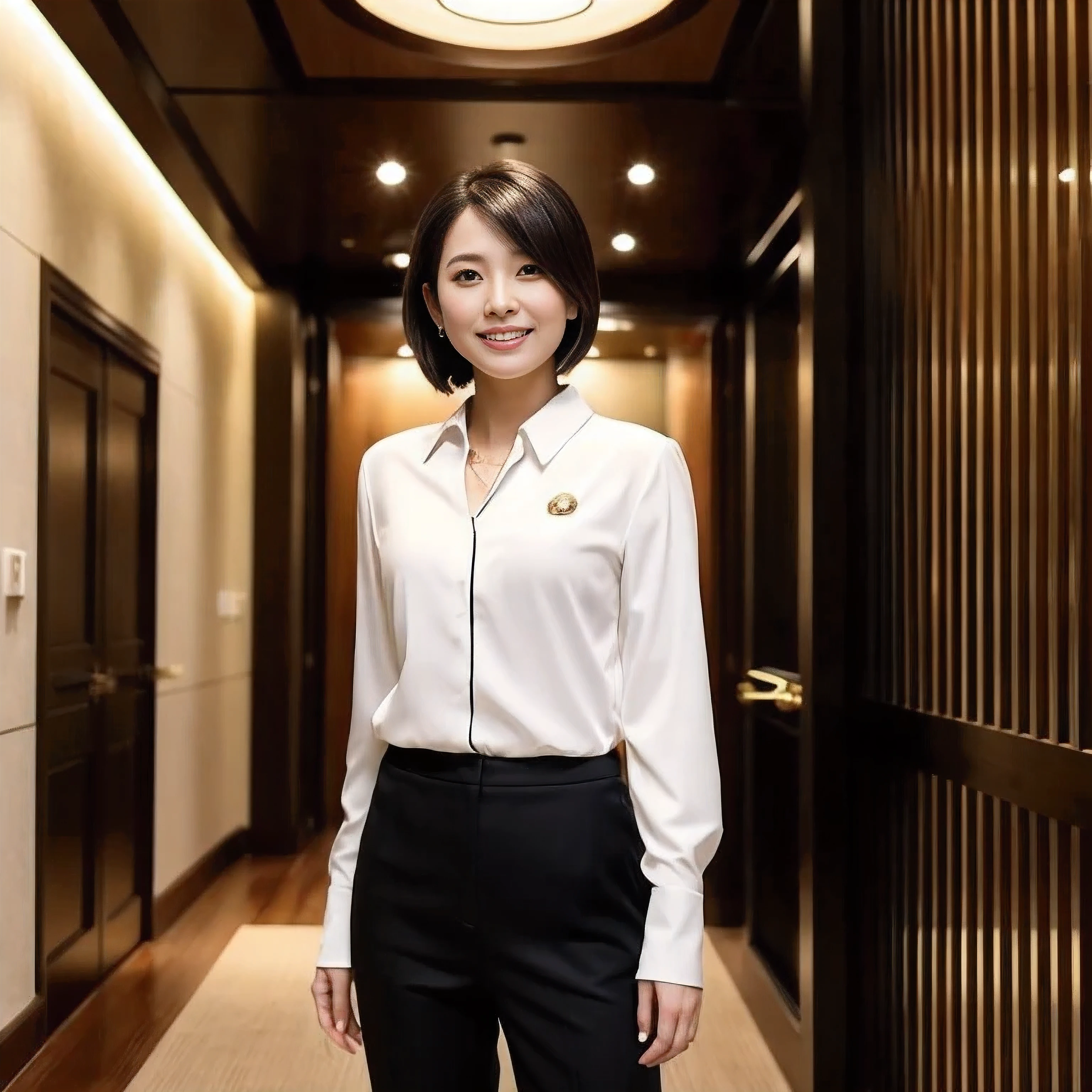 ((highest quality、table top、8K、best image quality))、1 female lawyer、she is standing at the entrance、elegant posture、short hair、straight hair、formal jacket、formal blouse、formal pants、Perfect lawyer badge on the chest、Accurately depicts a real lawyer badge、In the background, a person stands at the entrance of a high-class law firm..、Take a photo from the waist up、upper body photo、perfect law firm entrance、The entrance hall is decorated with wood grain tones.、Incorporate real stones and mirrors as accents、Japanese style and luxurious、chic and modern space、Set up a grid、Dig a part of the floor and lay gravel、Luxurious Japanese atmosphere、lighting embedded in the ceiling、warm and elegant lighting、perfect anatomy、Look at me with a big smile、large white teeth