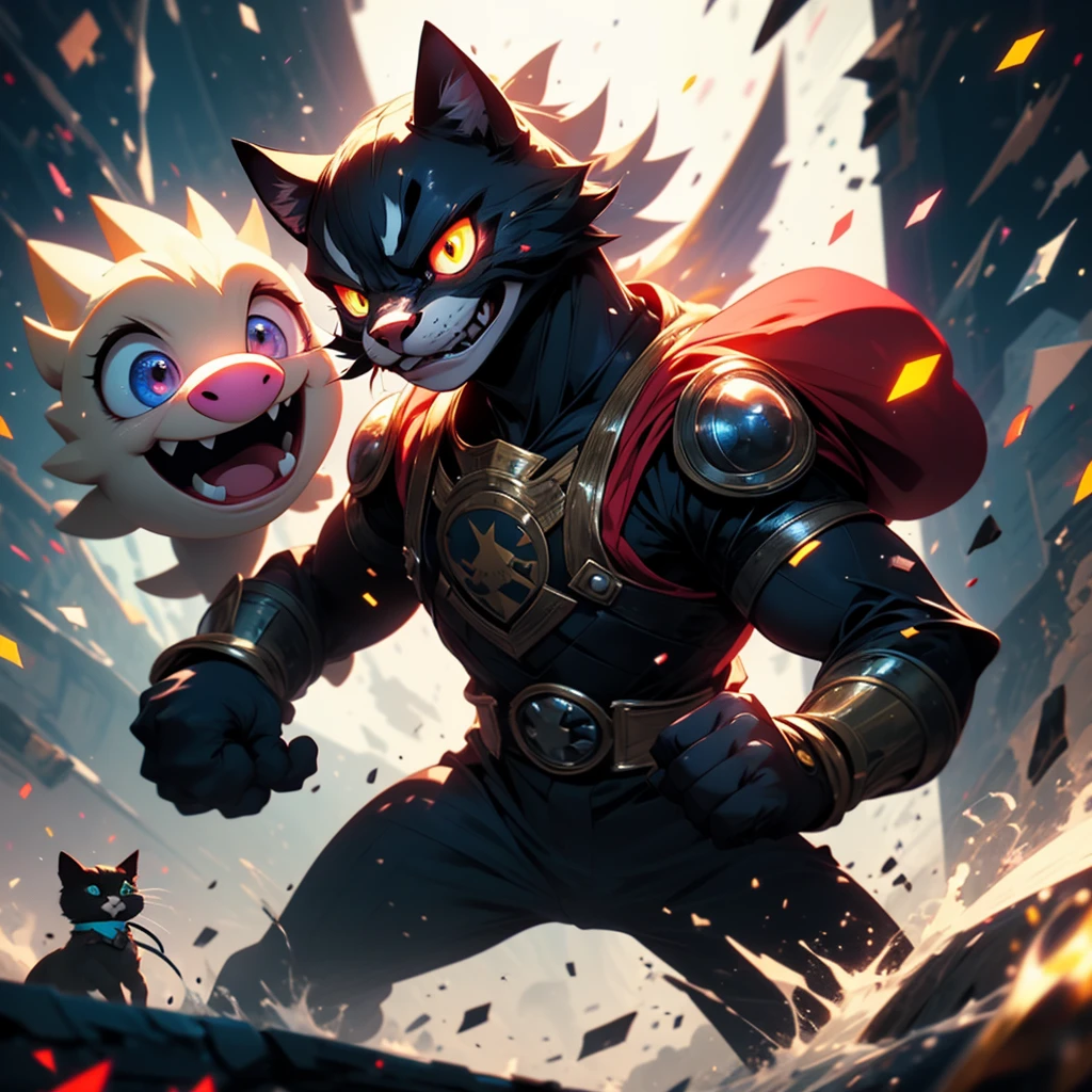 In a comical game resembling Mario Smash Bros, several varied characters do battle and among them is a cat knight in shining armor