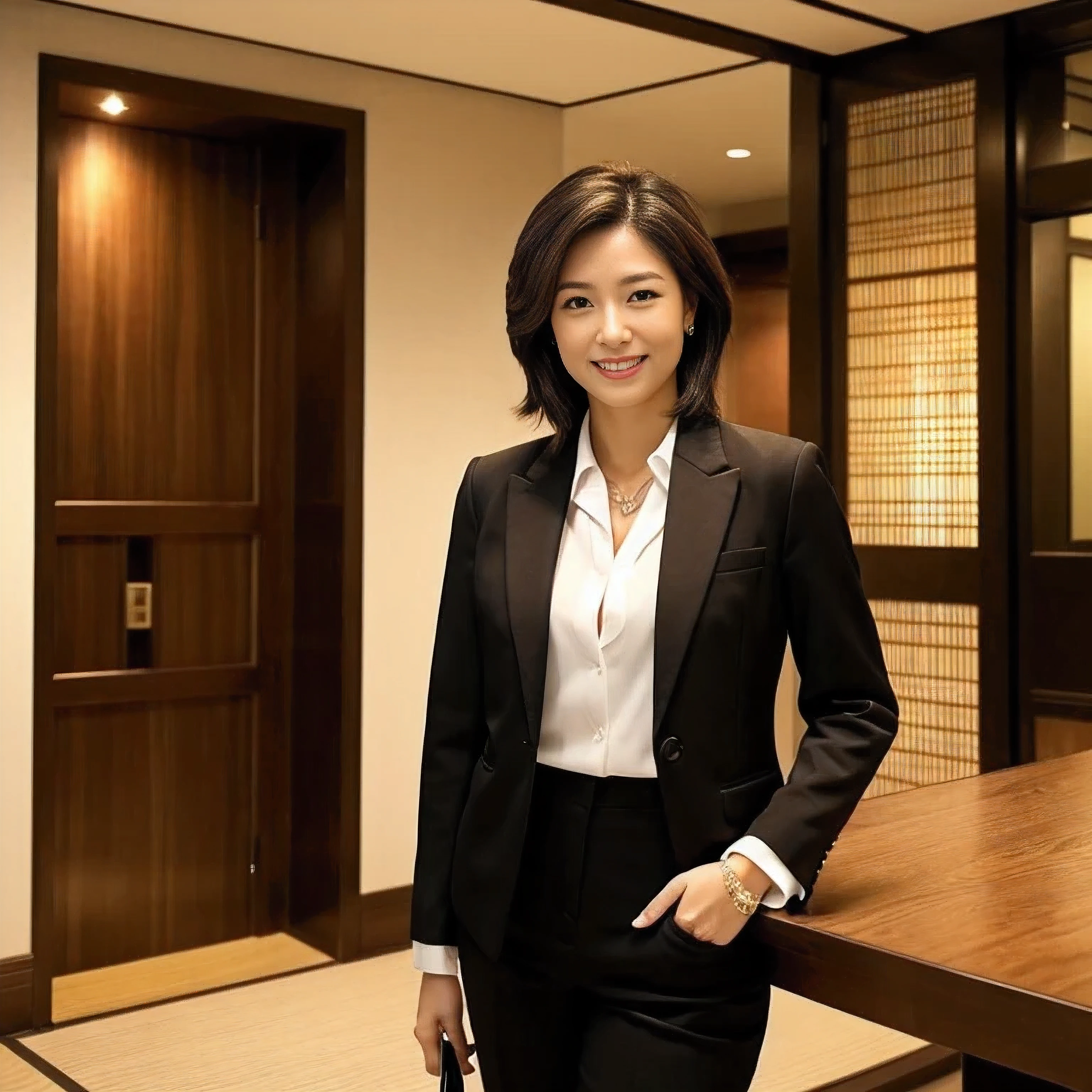 ((highest quality、table top、8K、best image quality))、1 female lawyer、she is standing at the entrance、elegant posture、short hair、straight hair、formal jacket、formal blouse、formal pants、Perfect lawyer badge on the chest、Accurately depicts a real lawyer badge、In the background, a person stands at the entrance of a high-class law firm..、Take a photo from the waist up、upper body photo、perfect law firm entrance、The entrance hall is decorated with wood grain tones.、Incorporate real stones and mirrors as accents、Japanese style and luxurious、chic and modern space、Set up a grid、Dig a part of the floor and lay gravel、Luxurious Japanese atmosphere、lighting embedded in the ceiling、warm and elegant lighting、perfect anatomy、Look at me with a big smile、large white teeth