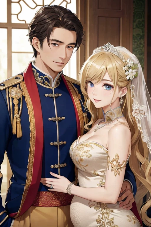 ((highest quality)), ((masterpiece)), (be familiar with), perfect face、blonde、blue eyes、Enchanted body、pregnant woman、marriage、China dress、necklace、ring、bangles、hair ornaments、China人男性、hug each other、China、National uniform、Beautiful woman and middle-aged man、asian guy、age difference、ugly men、政略marriage