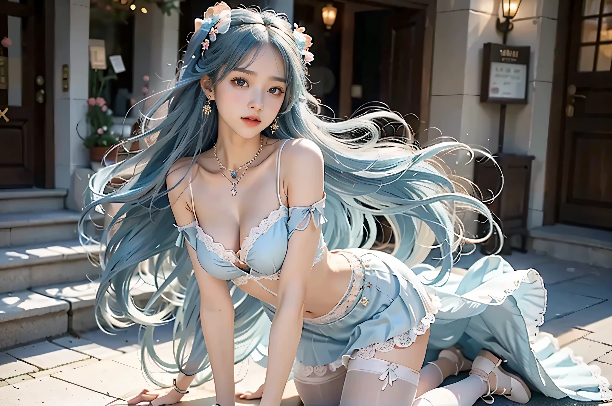 1girl、Precise anatomy body、Polite facial depictions,Bewitching、sexy、eros、beautiful face、Detailed and perfect face、perfect proportions、big breasts、thin waist、navel、big ass、gap between crotches、sexy thighs、(Lace Orange ta Maxi Dress),Light red dress、(long flowing light blue hair),Luxurious jewelry all over the body,collar,anklet,head chain,Lace Trim Socks,(Lolihoes), perfect face, perfect hands, perfect fingers, perfect lips, perfect eyes、Very normal body, perfect background, random pose、change pose、dynamic angle、