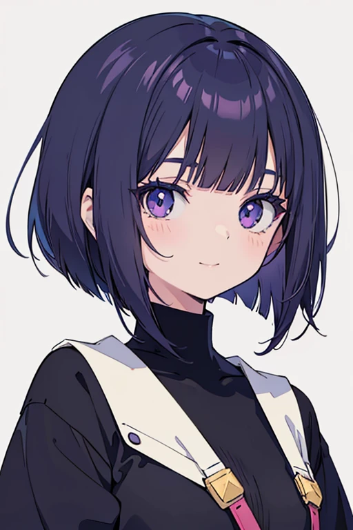 Anime-style portrait of a girl with a deep violet bob cut making eye contact with the camera, bright eyes, subtle smile, minimalistic background to emphasize character, high contrast, clean lines, digital painting, vivid colors