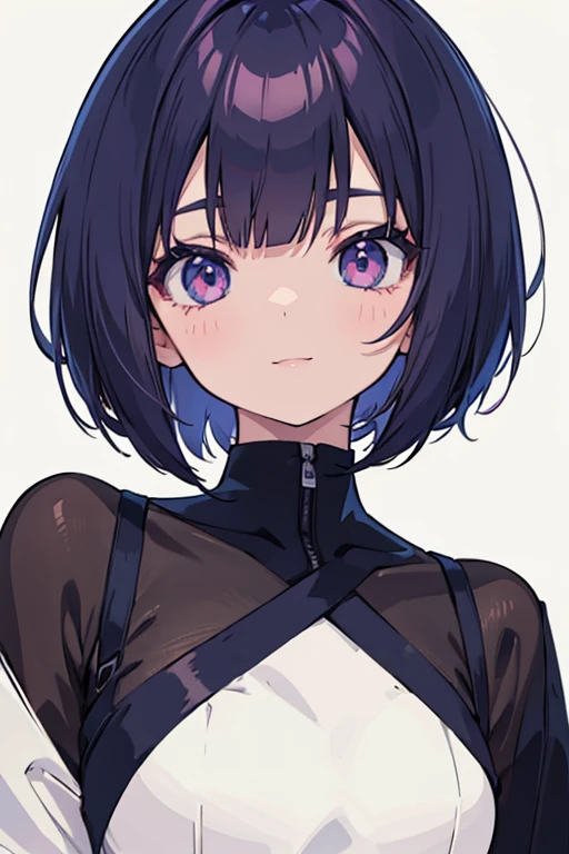 anime girl, wearing juunihitoe, all black uniform, short black hair with bangs, black eyes, beautiful, small breasts, smiling, blushing, slender