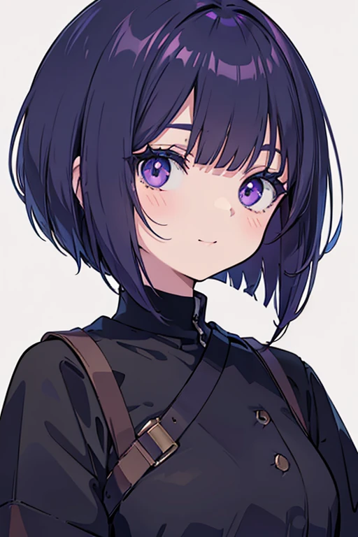 Anime-style portrait of a girl with a deep violet bob cut making eye contact with the camera, bright eyes, subtle smile, minimalistic background to emphasize character, high contrast, clean lines, digital painting, vivid colors