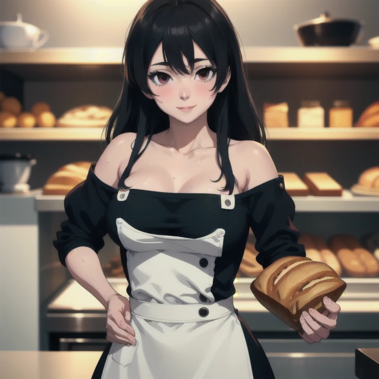 ((masterpiece, best quality, highres, UHD, perfect pixel, depth of field, 8k, RTX, HDR)), BREAK, 1girl, single, solo, beautiful anime girl, beautiful artstyle, anime character, ((long hair, black hair)), (brown:1.4, rounded eyes, beautiful eyelashes, realistic eyes),big breast, without clothes wearing only a white apron, covered in sweat, blushing, with a smile, BREAK, holding a bitten bread in the hand, sexy pose in a pastry shop with shelves with a lot of bread.
