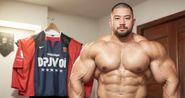 (smirking rugby player:1.4), (at bed room:1.4), (Japanese face:1.4), (Korean face:1.4), (Chinese face:1.4), (Taiwanese face:1.4), manly face, fat face, (round face:1.4), (monolid eyes:1.2), (buzz cut:1.5), very large and strong body, bulky body, beefy muscles, (bulging muscles:1.4), (very large pectoral muscles:1.4), (muscular arms:1.4), muscular abs, muscular legs, muscular back, bright oily skin, (realistic:1.2), distant view