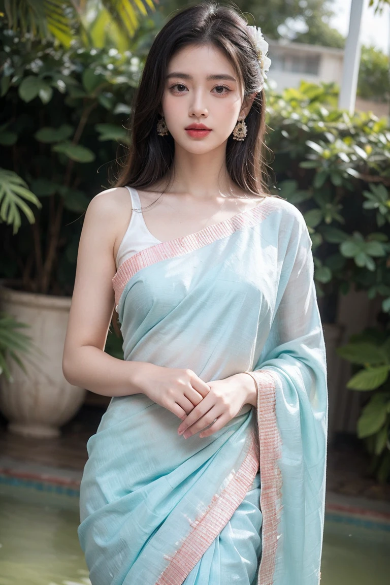 White tie-dyed silk saree with white, brown and aquamarine Nakshi Kantha embroidery. Comes with matching unstitched blouse piece attached at the end of saree. Blouse shown in the photo is a styling suggestion, it is not a part of the actual product.