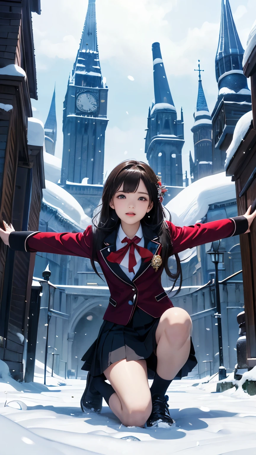 (((Masterpiece))),((top quality)),one beautiful girl,bangs、(high school uniform)、snow girl, beautiful digital artwork, 美しいsnow girl, beautiful fantasy art, very beautiful fantasy art, beautiful digital art,(Hold both knees with both arms:1.5)