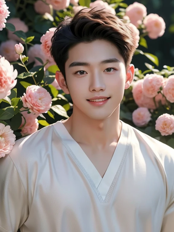 lots of flowers and a man, adorable smile , whole body , realistic handsome Korean face , modest muscles , masterpiece、A high resolution、hyperrealism、detailed face、solo、a men、glowing skin、(Asian)、(young、teenager)、Handsome、detailed background、Handsome