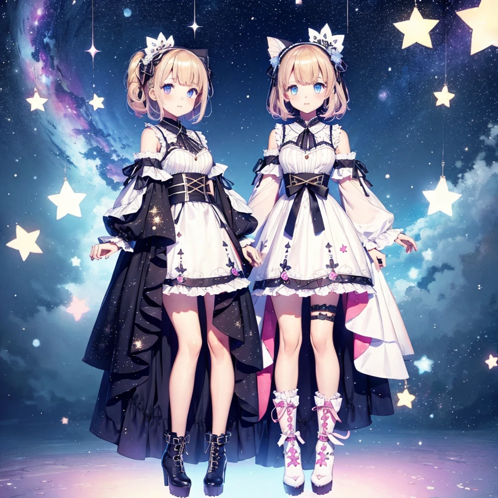 1girl、vtuber-fullbody、Star Fairy、「A beautifully printed galaxy patterned kimono and gothic ta outfit.、Space pattern box pleated mini skirt with ruffles、Front full body portrait、Knee-high boots、enchanting eyes、Perfect and stunning face、exquisite details、clear image、highest quality。」short hair、
