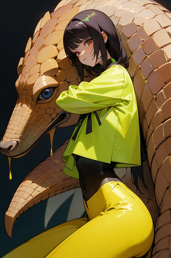 (mejor calidad, high resolution, ultra detallado), (realista: 1,37), humanoid pangolin, mujer, cabello amarillo, mirada alegre, escamas bien detalladas, fondo de colores vibrantes, sharp focus, cuerpo bien proporcionado, cuerpo de artista marcial, chaqueta de color verde con franjas amarillas