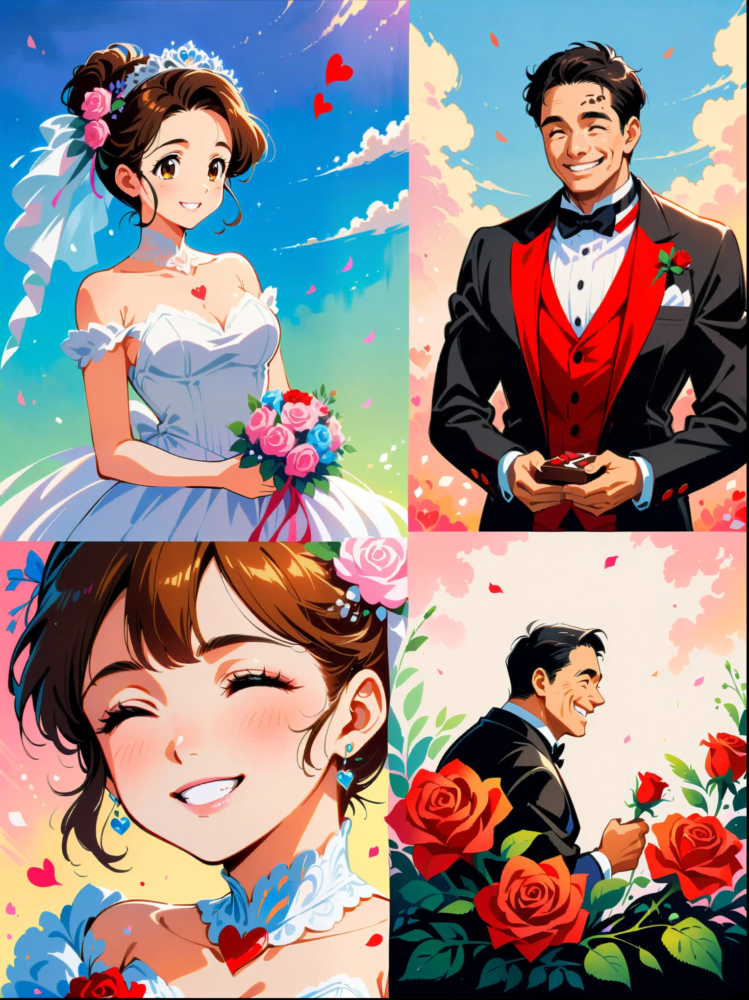 ink style, masterpiece, masterpiece,Couple Collage,1 man,1 woman,Valentine's Day,hapiness,Smile,chocolate,Rose,Heart,wedding,Wedding dress,animation aesthetics,(Ghibli style colors, ultra high definition, masterpiece, precise, anatomically correct, textured skin, Super details, 8K)