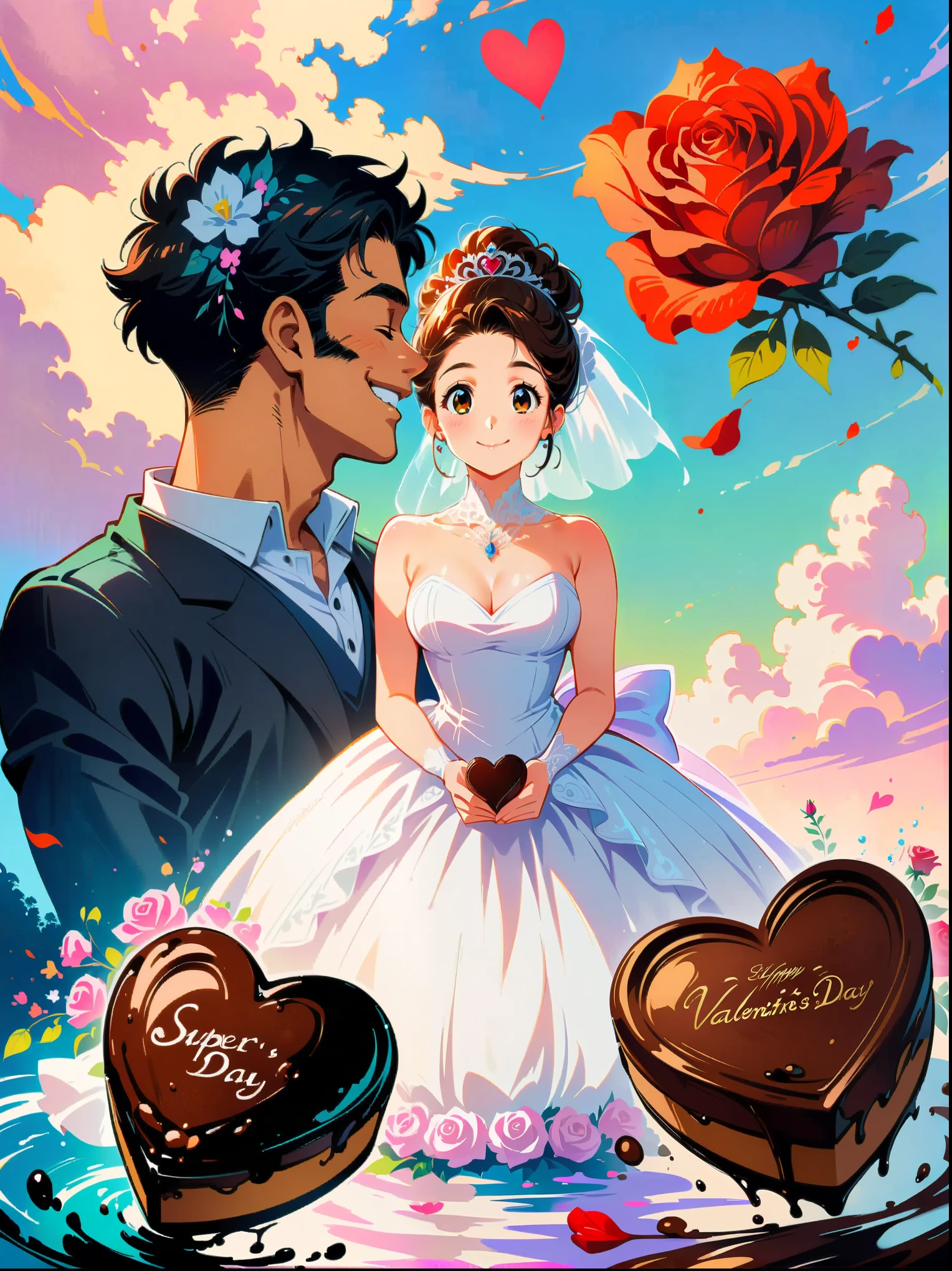 ink style, masterpiece, masterpiece,Couple Collage,1 man,1 woman,Valentine's Day,hapiness,Smile,chocolate,Rose,Heart,wedding,Wedding dress,animation aesthetics,(Ghibli style colors, ultra high definition, masterpiece, precise, anatomically correct, textured skin, Super details, 8K)