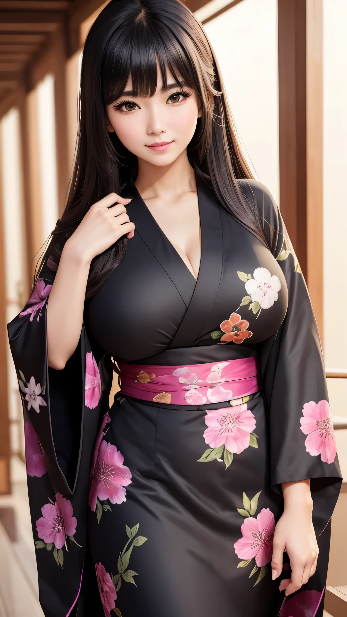 ((highest quality)), ((8k)), (detailed face), (highlight), Asian、woman、Big breasts、bangs、black hair、Colorful kimono with patterns、