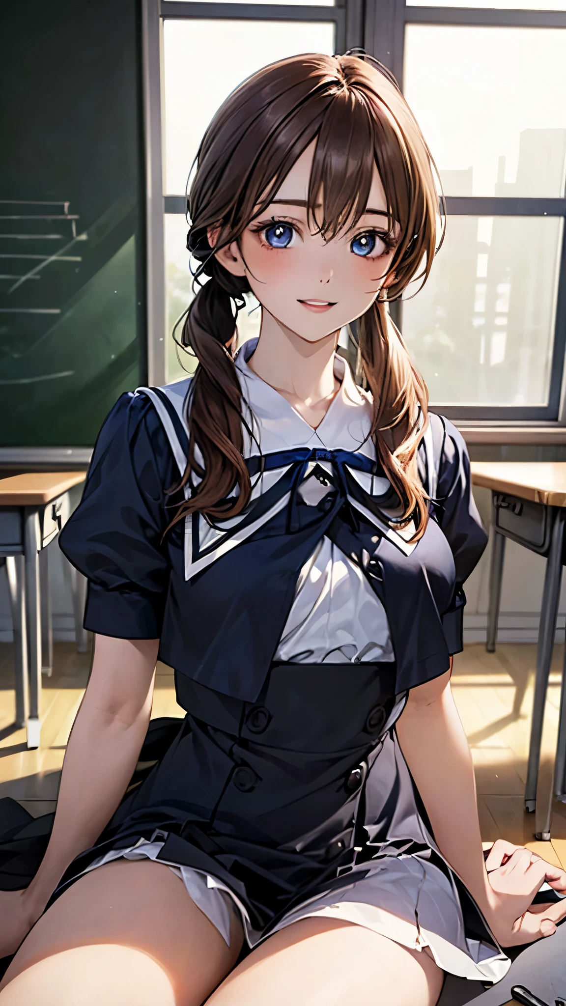 (masterpiece:1.2, top-quality), (realistic, photorealistic:1.4), beautiful illustration, (natural side lighting, movie lighting), nsfw, 
looking at viewer, 1 girl, japanese, high school girl, perfect face, cute and symmetrical face, shiny skin, 
(long hair, small (single pigtail tied with blue ribbon), light brown hair), hair between eyes, blue eyes, long eye lasher, (medium breasts), slender, 
beautiful hair, beautiful face, beautiful detailed eyes, beautiful clavicle, beautiful body, beautiful chest, beautiful thigh, beautiful legs, beautiful fingers, 
(YurigaokaUniform), 
(beautiful scenery), morning, (classroom), sitting, (lovely smile, upper eyes, parted lips),