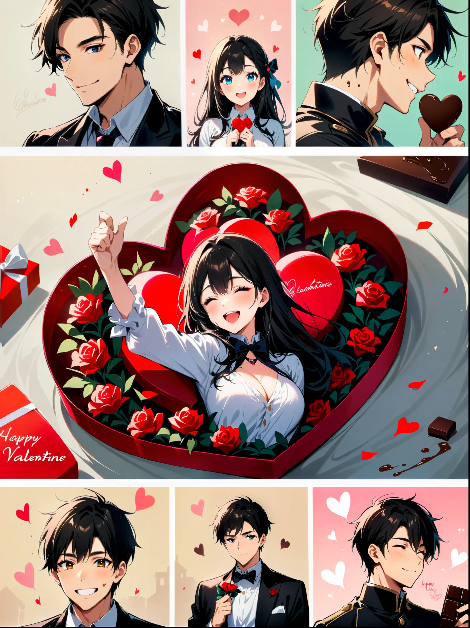 masterpiece,masterpiece, collage of couple, 1 guy, 1 woman, valentine, happy, smile, chocolate, roses, hearts
