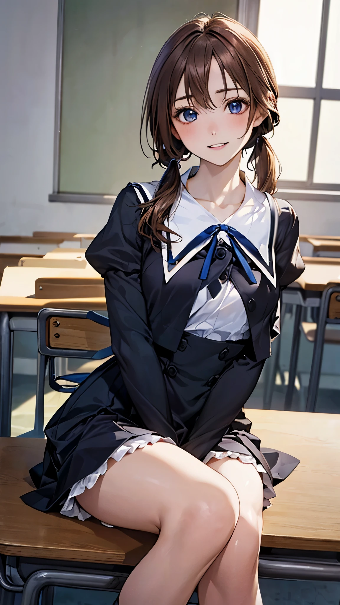 (masterpiece:1.2, top-quality), (realistic, photorealistic:1.4), beautiful illustration, (natural side lighting, movie lighting), nsfw, 
looking at viewer, 1 girl, japanese, high school girl, perfect face, cute and symmetrical face, shiny skin, 
(long hair, small (single pigtail tied with blue ribbon), light brown hair), hair between eyes, blue eyes, long eye lasher, (medium breasts), slender, 
beautiful hair, beautiful face, beautiful detailed eyes, beautiful clavicle, beautiful body, beautiful chest, beautiful thigh, beautiful legs, beautiful fingers, 
(YurigaokaUniform), 
(beautiful scenery), morning, (classroom), sitting, (lovely smile, upper eyes, parted lips),