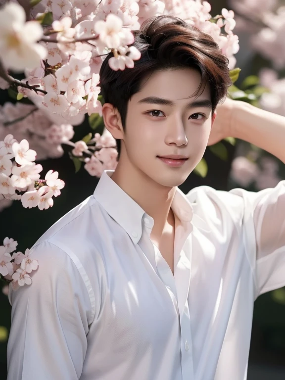 cherry blossom , white shirt , adorable smile , whole body , realistic handsome Korean face , modest muscles , masterpiece、A high resolution、hyperrealism、detailed face、solo、a men、glowing skin、(Asian)、(young、teenager)、Handsome、detailed background、Handsome
