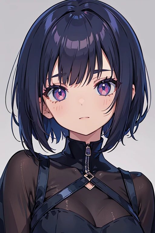 Anime-style portrait of a girl with a deep violet bob cut making eye contact with the camera, bright eyes, subtle smile, minimalistic background to emphasize character, high contrast, clean lines, digital painting, vivid colors, The girl wears her hair in a bob cut, cut at the jawline. Her hair is dark purple and her fringes are parted just in the middle of her forehead, barely peeking over her eyebrows. Other short hair frames the face on either side of the fringe, reaching just above the eyes, and the hair on the sides is clipped above the ears. The hair on top has slight volume and forms an overall rounded silhouette. The texture of the hair is smooth, shiny and lively. The ends of the hair are lightly styled inwards. 