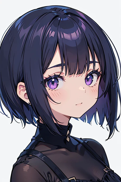 Anime-style portrait of a girl with a deep violet bob cut making eye contact with the camera, bright eyes, subtle smile, minimalistic background to emphasize character, high contrast, clean lines, digital painting, vivid colors, The girl wears her hair in a bob cut, cut at the jawline. Her hair is dark purple and her fringes are parted just in the middle of her forehead, barely peeking over her eyebrows. Other short hair frames the face on either side of the fringe, reaching just above the eyes, and the hair on the sides is clipped above the ears. The hair on top has slight volume and forms an overall rounded silhouette. The texture of the hair is smooth, shiny and lively. The ends of the hair are lightly styled inwards. 