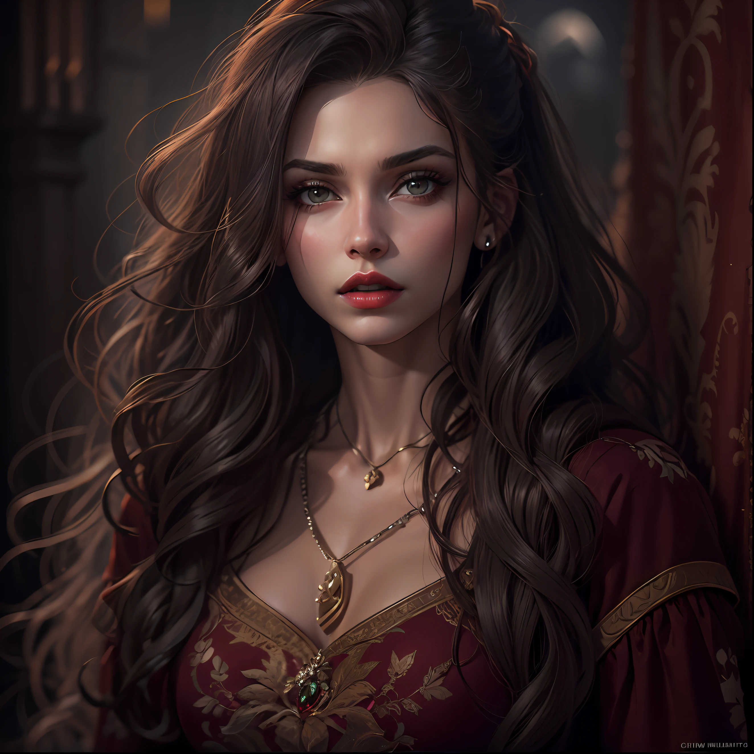 Une femme brune, Realistic, Charismatique, Many details, Medieval fantasy theme, serious, cheveux longs avec une frange, 25 ans, Tout le corps, visage de princesse, corps en bonne forme, Red lips, realism, cinema lighting, d&#39;en haut, Great detail,