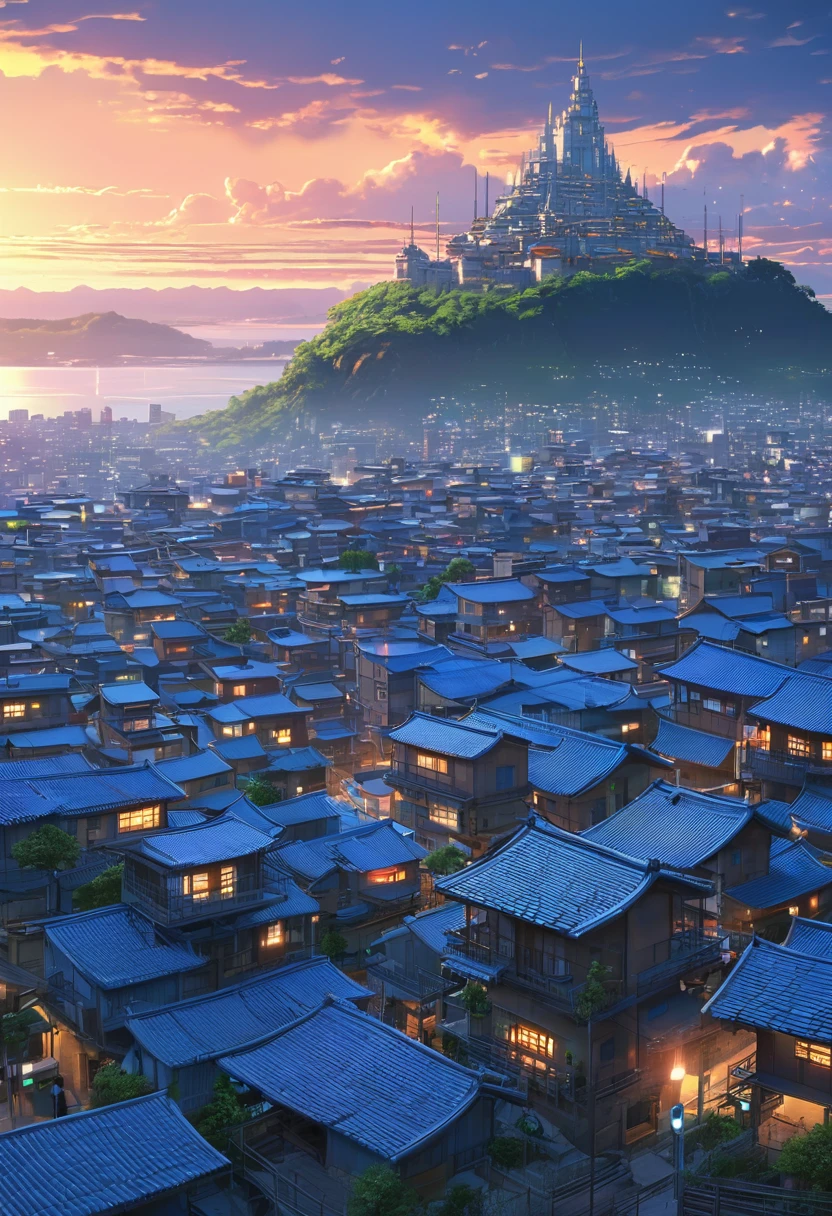 Vista de un pueblo con estructuras que mezclen lo antiguo con lo moderno, de fondo un gran castillo ., anime manga type illustration, contraventana, la vision ultra amplia del paisaje urbano, Science fiction buildings that break the imagination., All buildings have a sense of technology and are full of technology.. A science fiction blockbuster with a sense of sight... Architecture combined with lighting. Hermosa ciudad del futuro., bella ciudadscape, technology city background, amor porcelana, con una ciudad al fondo. Inspirado por Makoto Shinkai's arte conceptual popular y obras maestras en pixiv, vision (lente gran angular), super high resolution (Fidelidad: 1.4), super high quality, Fondos de pantalla CG Unity 8k extremadamente detallados, aesthetics, award-winning photography, verdadero alto detalle, Mejora de detalles, Blur removal, Complejidad, Arte itinerante. Visualmente impresionante. Hermosa ciudad pexels, blue hour photography, nubes espectaculares, nubes de fantasia.