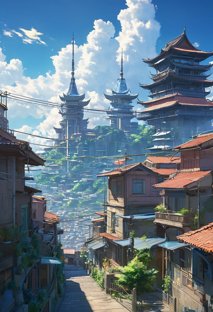 Vista de un pueblo con estructuras que mezclen lo antiguo con lo moderno, de fondo un gran castillo ., anime manga type illustration, contraventana, la vision ultra amplia del paisaje urbano, Science fiction buildings that break the imagination., All buildings have a sense of technology and are full of technology.. A science fiction blockbuster with a sense of sight... Architecture combined with lighting. Hermosa ciudad del futuro., bella ciudadscape, technology city background, amor porcelana, con una ciudad al fondo. Inspirado por Makoto Shinkai&#39;s arte conceptual popular y obras maestras en pixiv, vision (lente gran angular), super high resolution (Fidelidad: 1.4), super high quality, Fondos de pantalla CG Unity 8k extremadamente detallados, aesthetics, award-winning photography, verdadero alto detalle, Mejora de detalles, Blur removal, Complejidad, Arte itinerante. Visualmente impresionante. Hermosa ciudad pexels, blue hour photography, nubes espectaculares, nubes de fantasia.