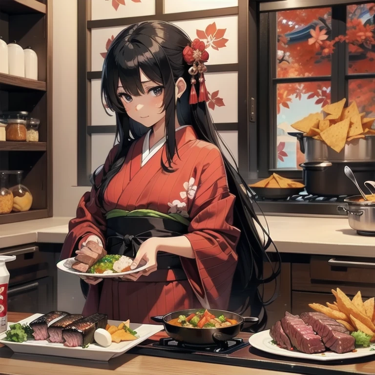 1girl, anime, black eyes, long black hair with square bangs, very long black hair, super long black hair, skirt and stockings, heels, black Japanese style kimono mixed with ribbed black sweater with red accents and sakura floral design, ((ribbed black sweater)) adult, (((Japanese shrine/temple background))), kimono sleeves, garter, graceful, ((cooking beef steak in kitchen)), sushi on countertop, mountain dew energy drink/soda on countertop, bag of dorito chips on countertop, lots of completed dishes everywhere, (((lots of food in the background)))
