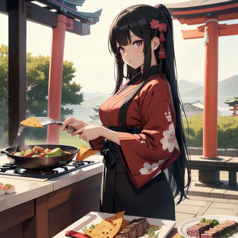 1girl, anime, black eyes, long black hair with square bangs, very long black hair, super long black hair, skirt and stockings, heels, black Japanese style kimono mixed with ribbed black sweater with red accents and sakura floral design, ((ribbed black sweater)) adult, (((Japanese shrine/temple background))), kimono sleeves, garter, graceful, ((cooking beef steak in kitchen)), sushi on countertop, mountain dew energy drink/soda on countertop, bag of dorito chips on countertop, lots of completed dishes everywhere, (((lots of food in the background)))