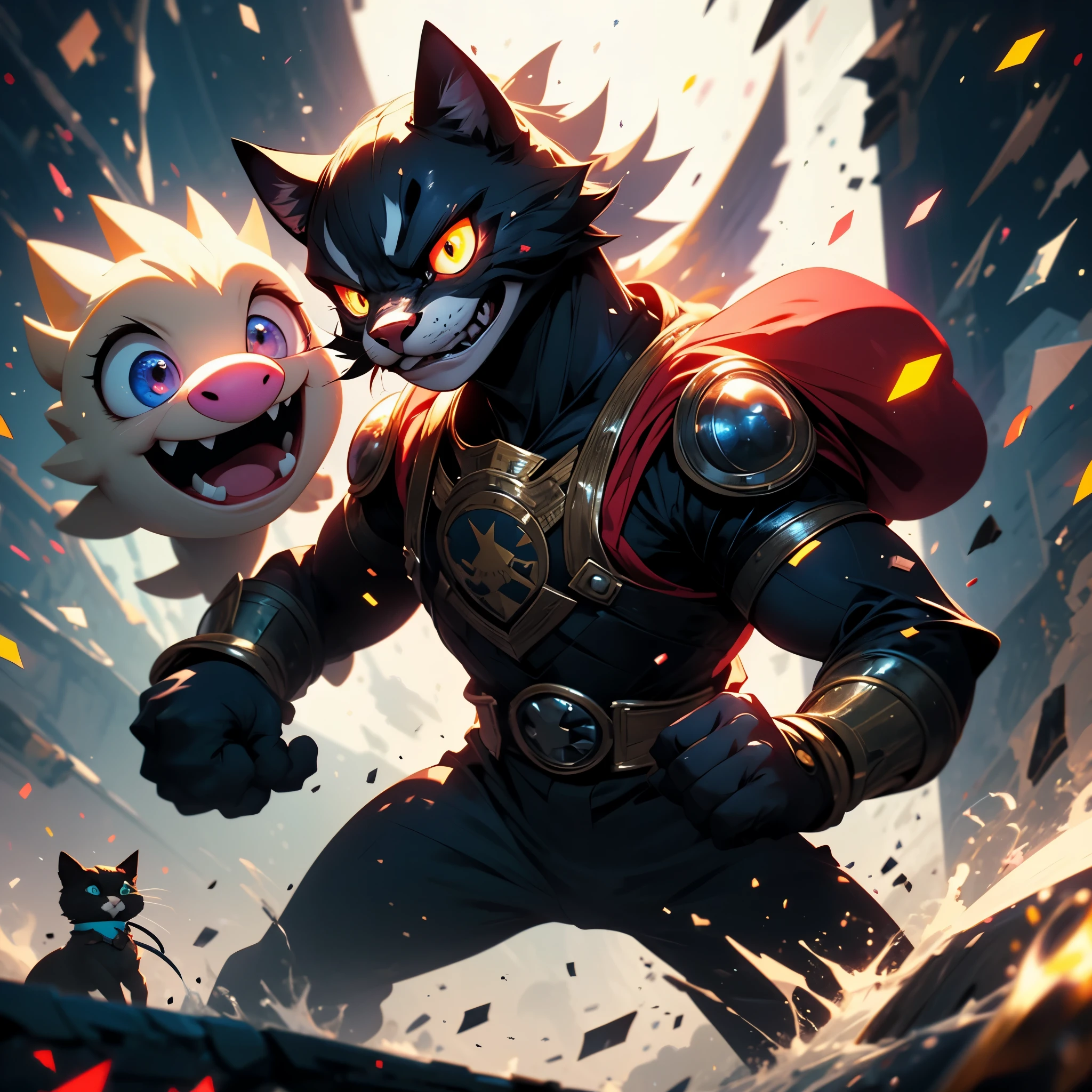 In a comical game resembling Mario Smash Bros, several varied characters do battle and among them is a cat knight in shining armor
