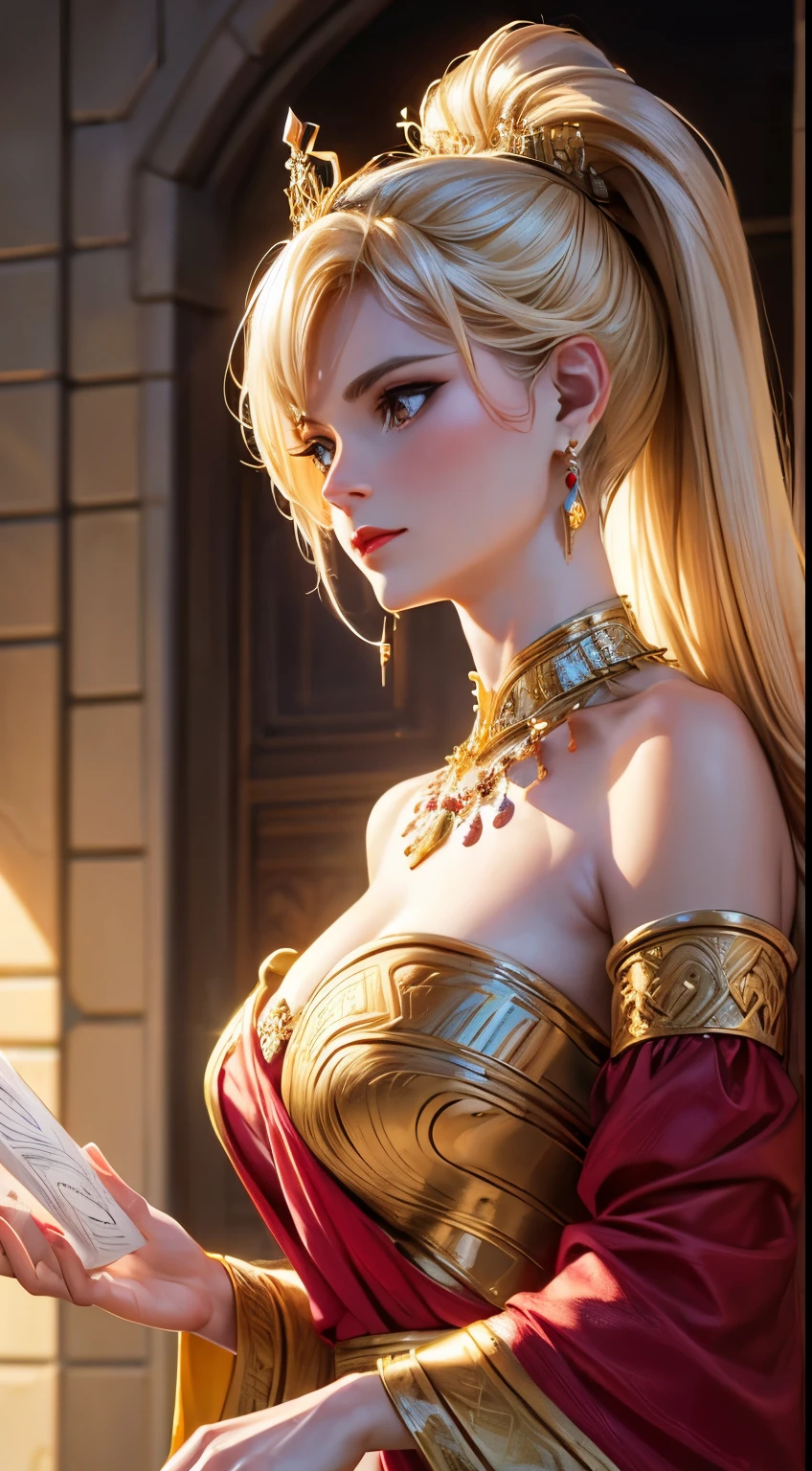 Excellence HD 8K Female Classical Art Comics Princess:
(best quality,8k,highres,masterpiece:1.2),ultra-detailed,(realistic,photorealistic,photo-realistic:1.37),traditional art,classic style,delicate details,gorgeous colors,opulent costume,[intricate patterns],luminous skin,twinkling eyes,ruby red lips,flowing hair,royal tiara,dainty earrings,regal posture,serene expression,graceful movement,[vibrant background],elegant surroundings,rich textures,soft lighting,unique artistry,exquisite craftsmanship,[storybook atmosphere],fairytale-like setting.