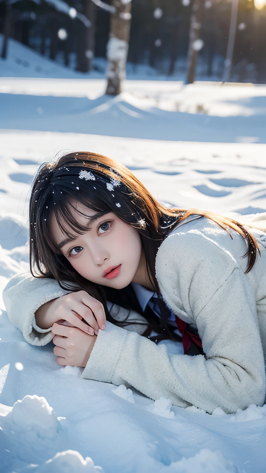 (((Masterpiece))),((top quality)),one beautiful girl,bangs、(high school uniform)、snow girl, beautiful digital artwork, 美しいsnow girl, beautiful fantasy art, very beautiful fantasy art, beautiful digital art,lying on the snow:1.5)